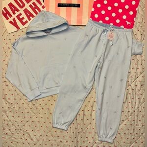 VS PINK X LOVESHACKFANCY SET HOODIE & JOGGERS GLACIAL MIST BLUE BLING NWT L/XL
